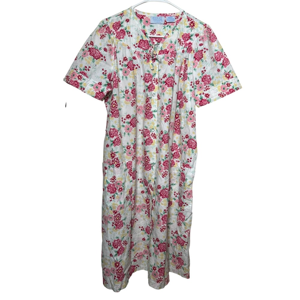 Vintage Ashley Taylor Floral House Dress Nightgown Button Front Duster M